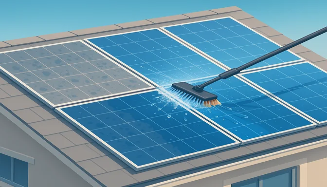 Reinwasser-Reinigung einer 9,8 kWp-PV-Anlage in Bruchsal, Teleskopbuerste vor und nach der Reinigung