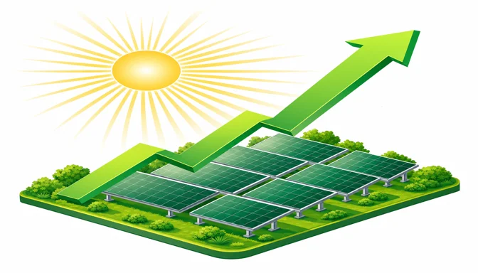 Steigender Trendpfeil über Solarmodul-Reihe mit Sonnenstrahlen — gesteigerte Ertragsleistung nach Reinigung
