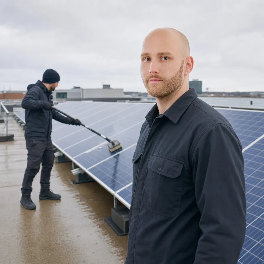 Martin Meng auf einem Dach neben frisch gereinigten Solarmodulen